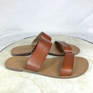 J. Crew Leather Slide Sandals Womens Brown Two Strap Slip On Casual Summer Flats